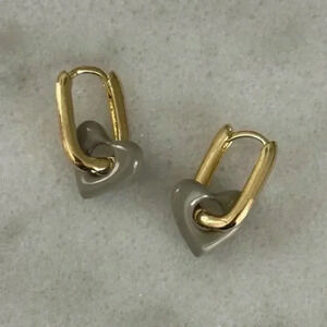 Gold Oval Huggie Bubble Heart Charm Dangle Hoop Earrings